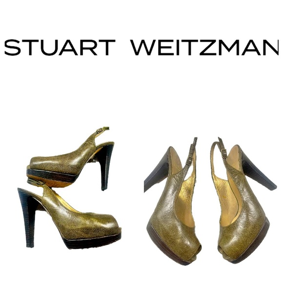 Stuart Weitzman Green Leather Peeptoe Slingback Shoes 6.5 - Picture 4 of 10
